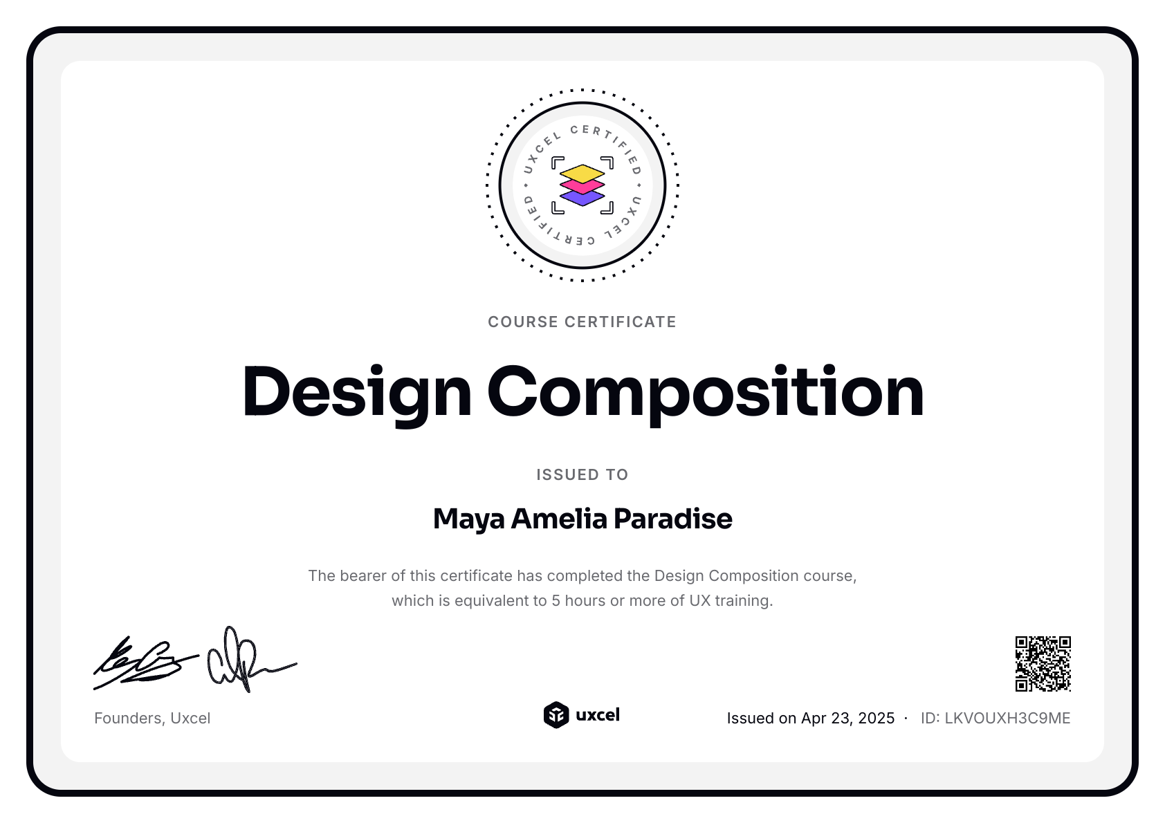 Maya Amelia Paradise's certificate